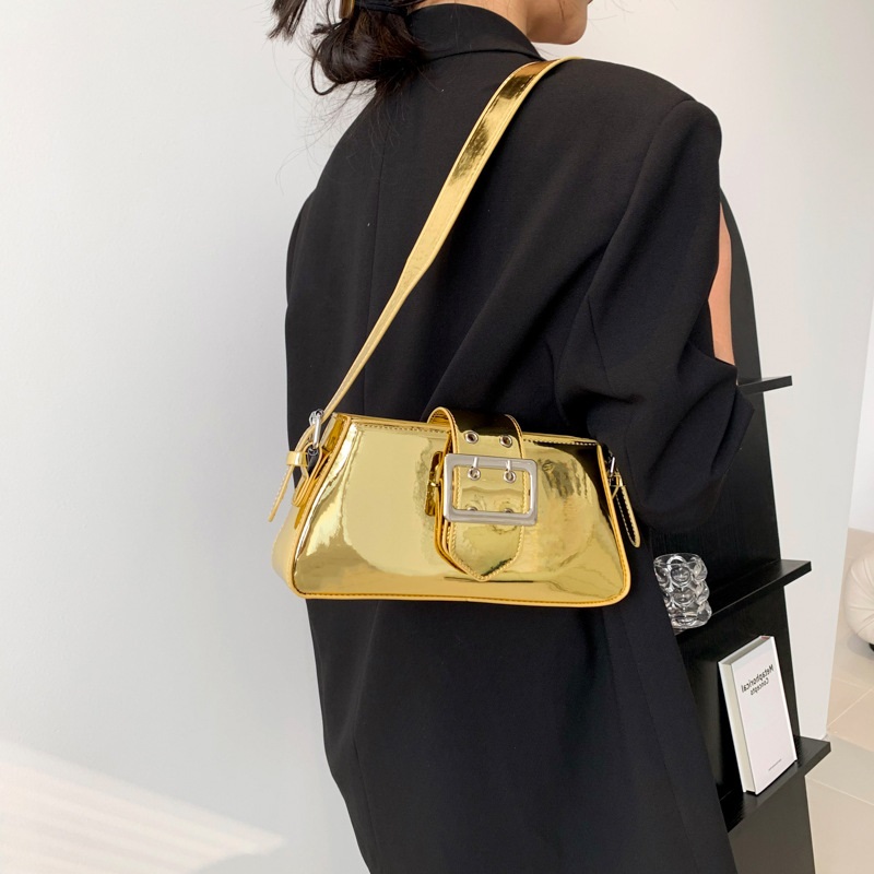 Luxury Y2K Bags - กระเป๋าสะพายไหล่สีทองสำหรับผู้หญิงสี Y2K กระเป๋าถือลิปสติกขนาดเล็กทำจากหนัง PU สีทึบมีแบรนด์หรูหราสำหรับผู้หญิง2023สีชมพู