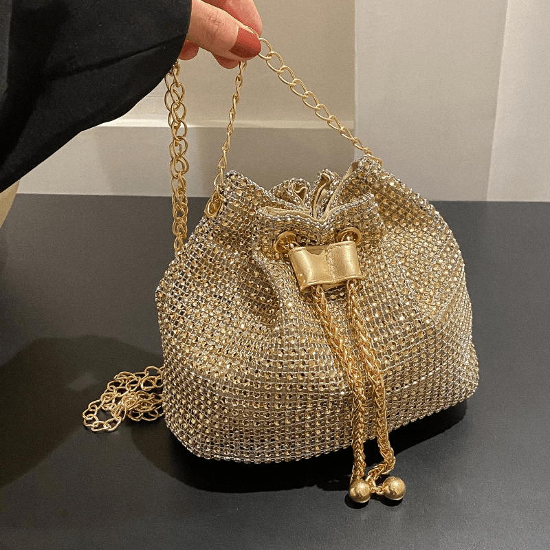 Luxury Designer Bags Ysl - กระเป๋าสะพายข้าง Drawstring ประดับ Rhinestone ประกาย, กระเป๋าถังอเนกประสงค์,
