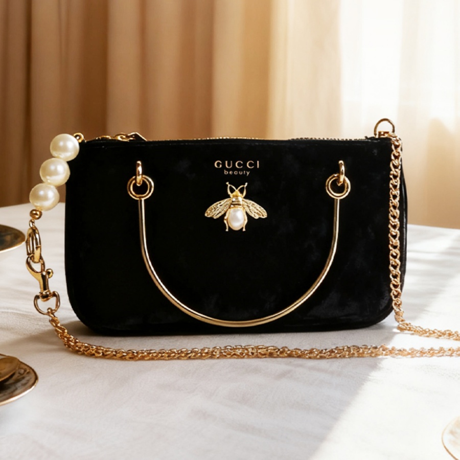 Luxury Designer Bags Ysl - กระเป๋ากุชชี่สำหรับผู้หญิง สีดำ ผ้ากำมะหยี่ ลายแมลง พร้อมสายโซ่ กระเป๋าสะพายข้างใส่เครื่องสำอาง