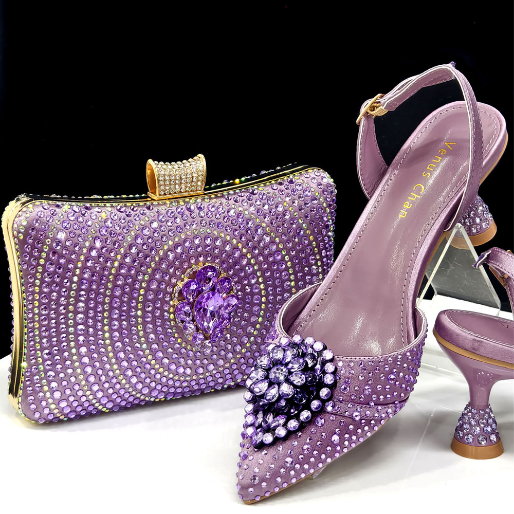 Luxury Bags Leather - ชุดรองเท้าส้นสูงปลายแหลมสีม่วงมันสำปะหลังประดับคริสตัลหรูหราสไตล์อิตาลี Venus Chan 2025 พร้อมกระเป๋าสำหรับผู้หญิง -